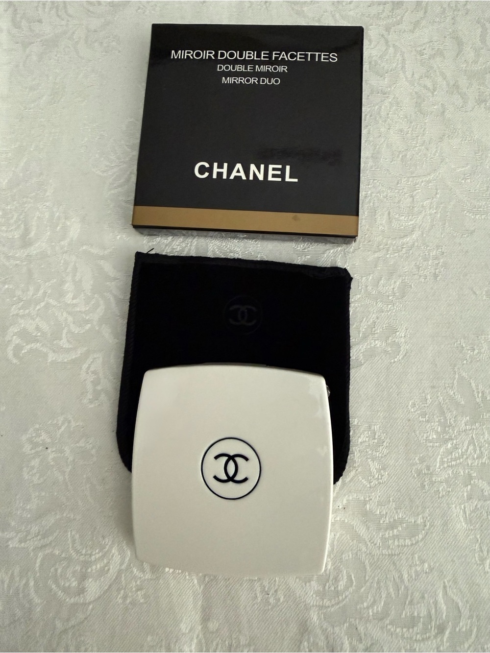 CHANEL White Compact Mirror with Black CC Logo